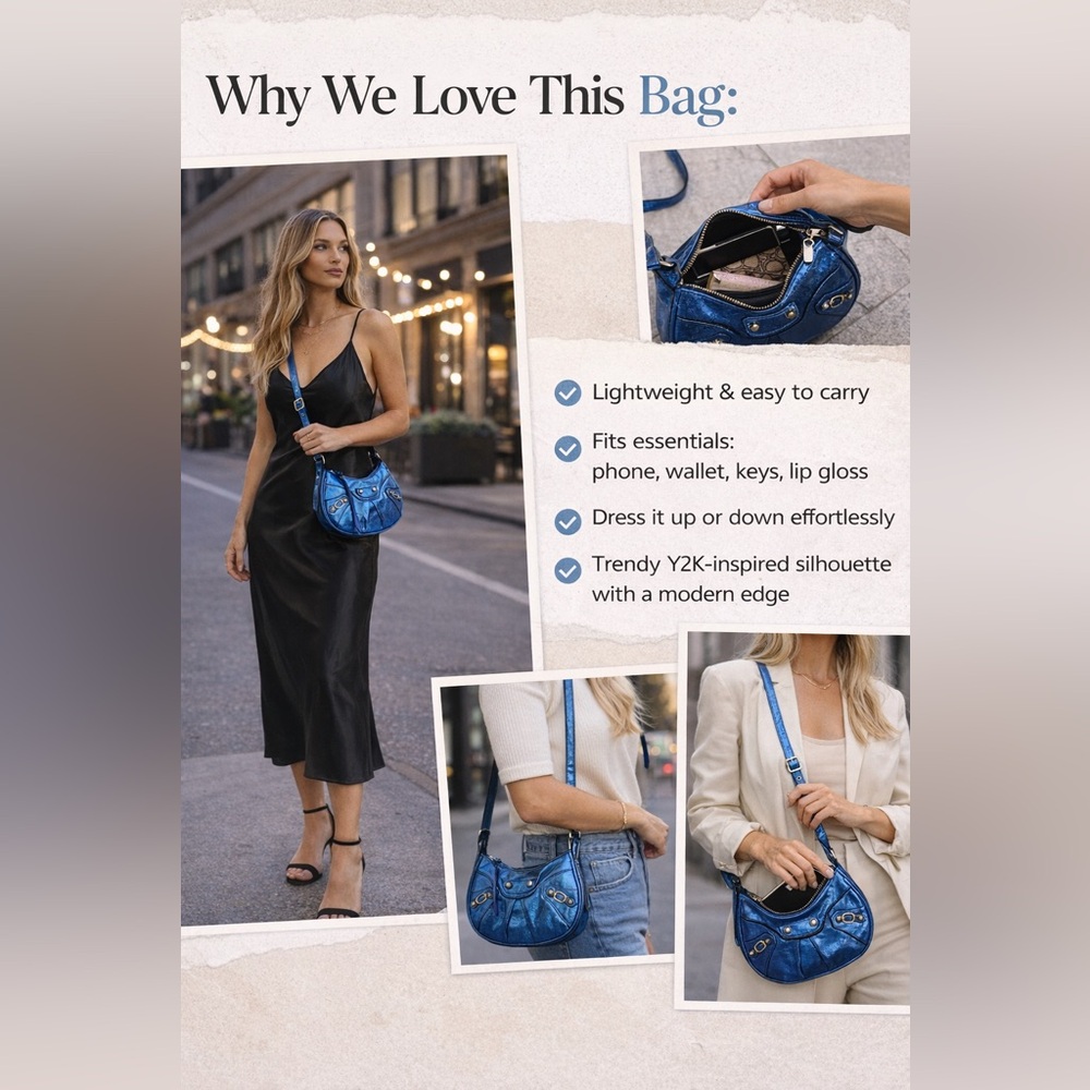 Y2K - Metallic Blue Crescent Shoulder Bag | Y2K Crossbody Purse - Picture 2 of 5